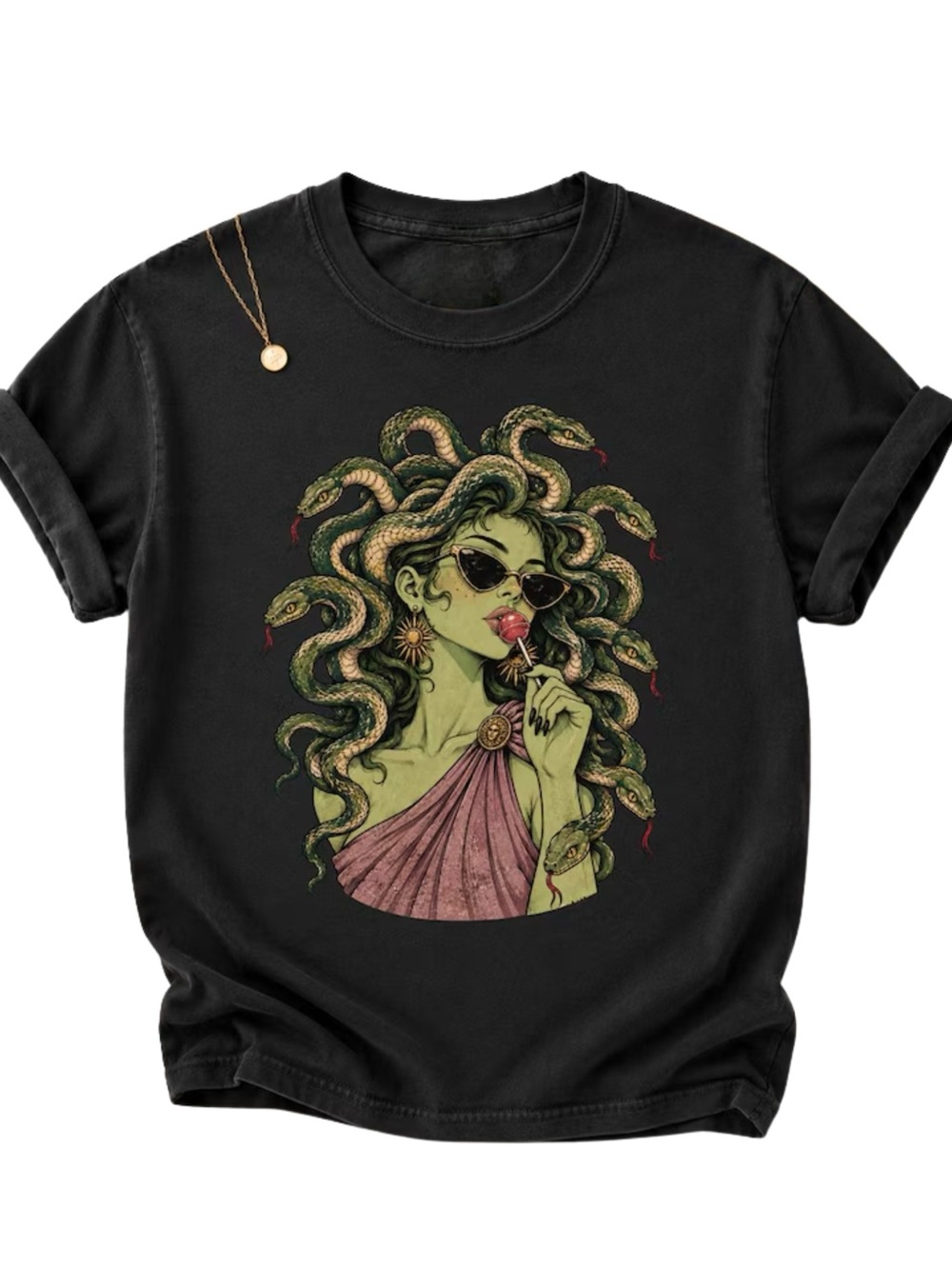 Modern Medusa Snake Hair Lollipop Edgy Greek Mythology Black Tee
